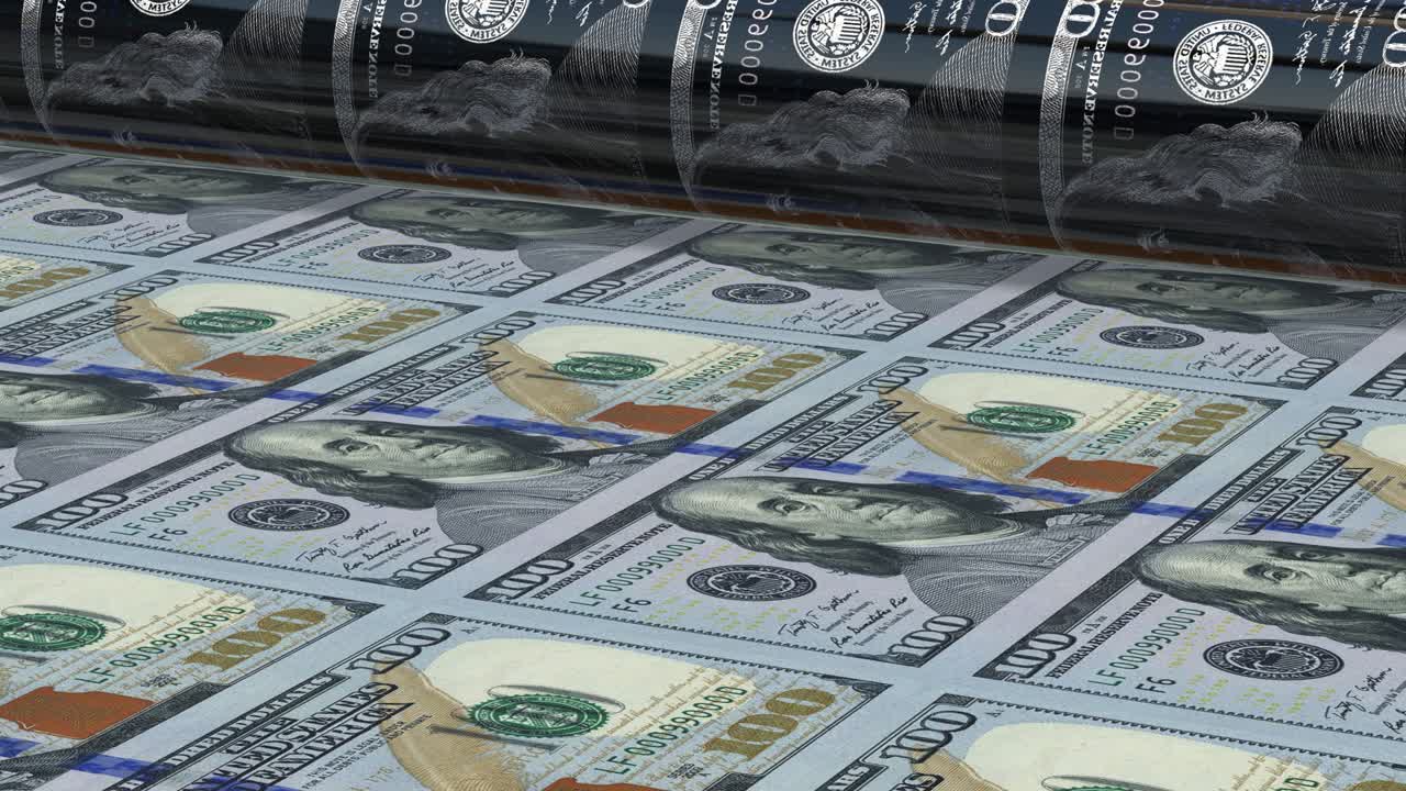 Press machine printing current 100 USD banknotes stock video 4K