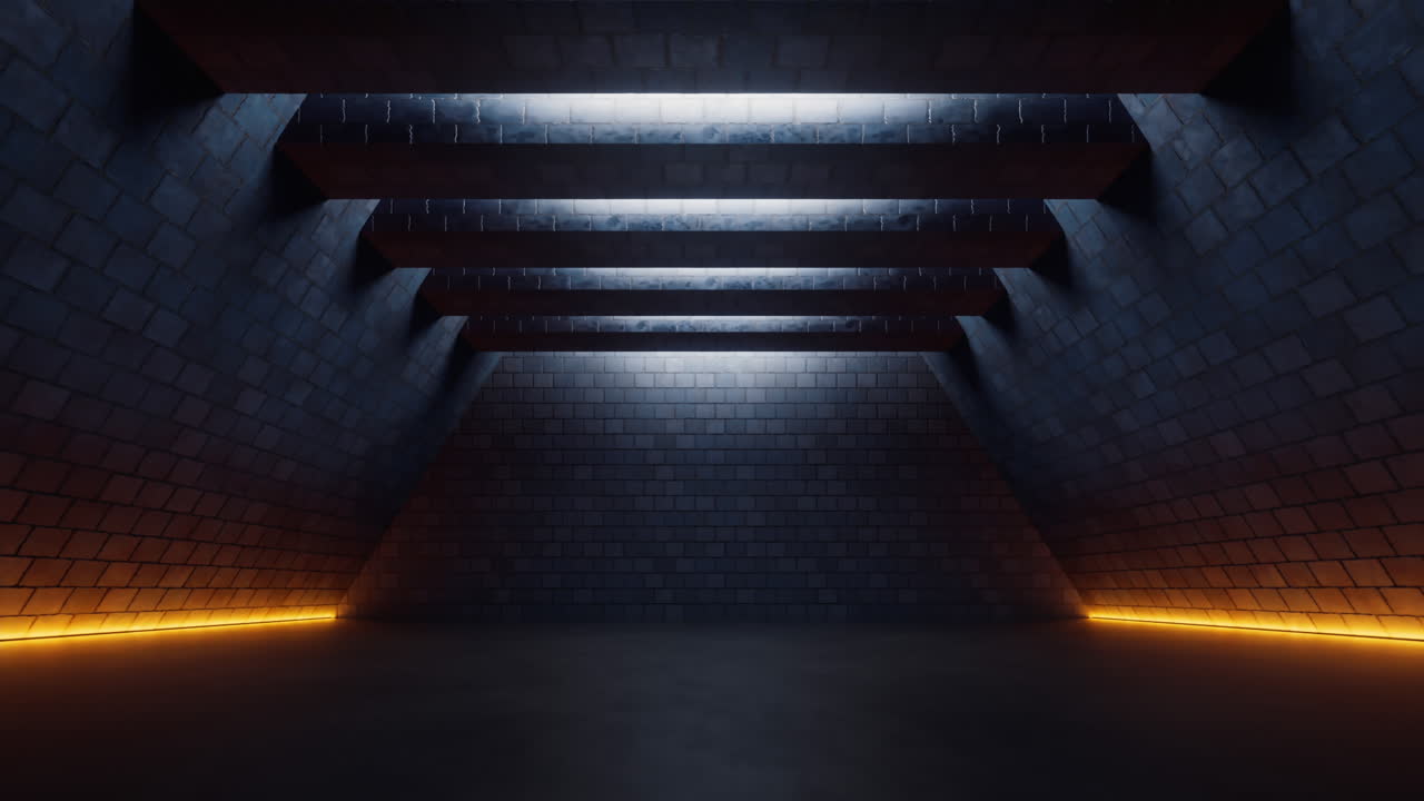 habitación de ladrillo oscuro, gran salón, renderización en 3d.