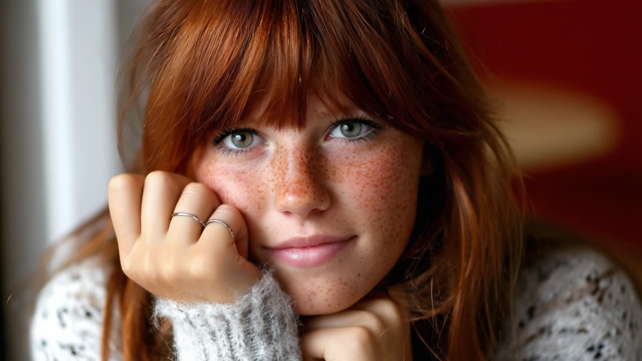 Captivating Portrait of a Thoughtful Young Woman with Freckles and Striking Blue Eyes, Exhibiting a Natural and Authentic Expression in a Cozy Setting