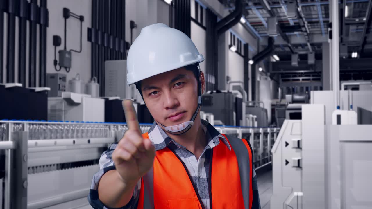 Close Up Of Asian Male Engineer With Safety Helmet Disapproving With No Index Finger Sign While Standing With Water Production in Bottling Factory