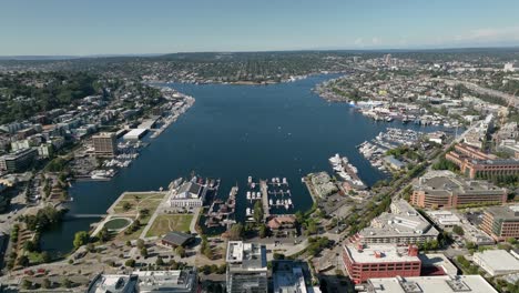 establishing aerial view of seattle's lake union on a bright sunny day