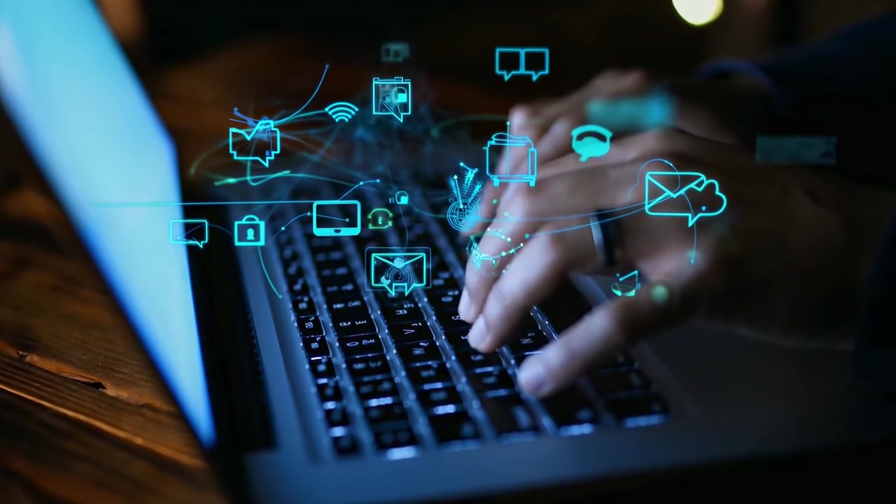 Person Typing on Laptop with Digital Social Media Icons