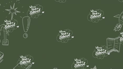 animation of repeated text welcome back to school and paper plane over chalkboard with drawings