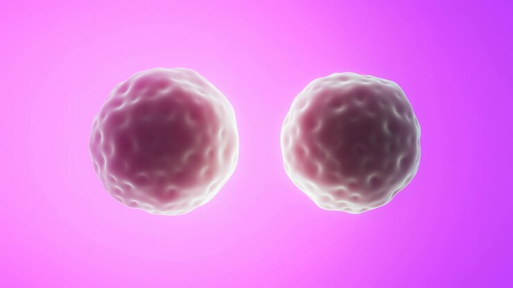 Due morbide sfere organiche rimangono centrate mentre la loro dimensione e posizione relativa si spostano sottilmente, mostrando superfici traslucide e con fossette su uno sfondo illuminato di rosa e viola brillante