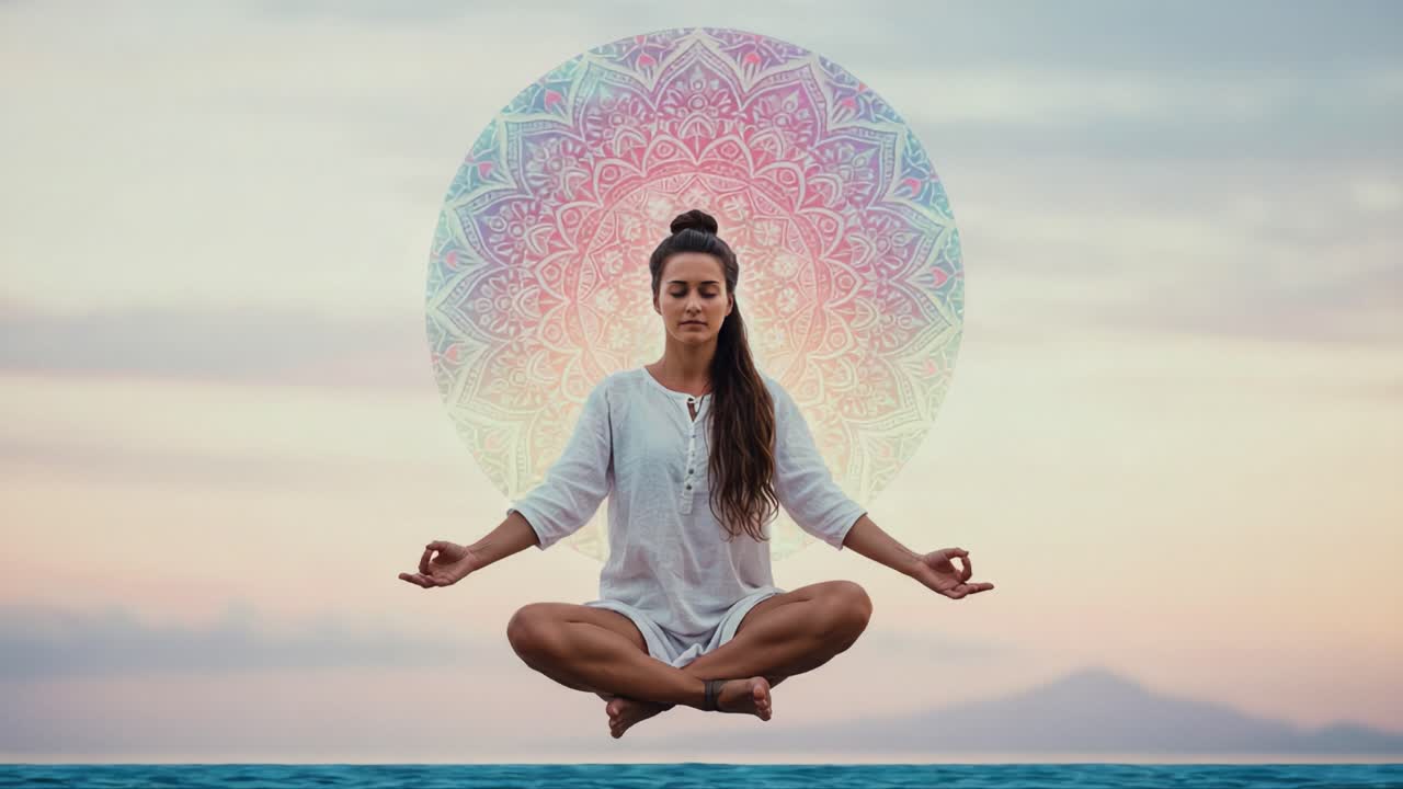 A serene moment captured as an individual meditates peacefully above tranquil waters, surrounded by a vibrant mandala, symbolizing harmony and inner peace