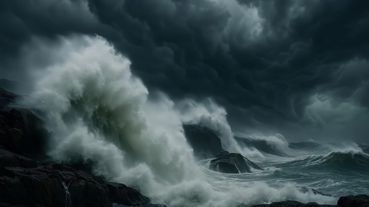 Dramatic video still of crashing waves under stormy skies, captured from a low angle