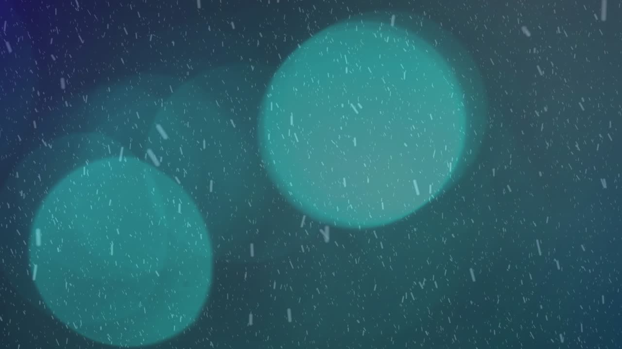 Falling particles starting from top, teal bokeh discs shifting and fading, creating layered depth