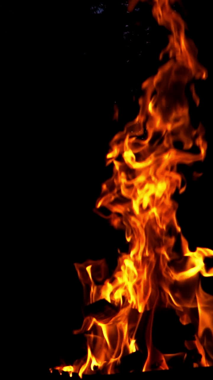 Fuoco che brucia. Fiamme di fuoco su sfondo nero. Rallentatore. Video verticale.