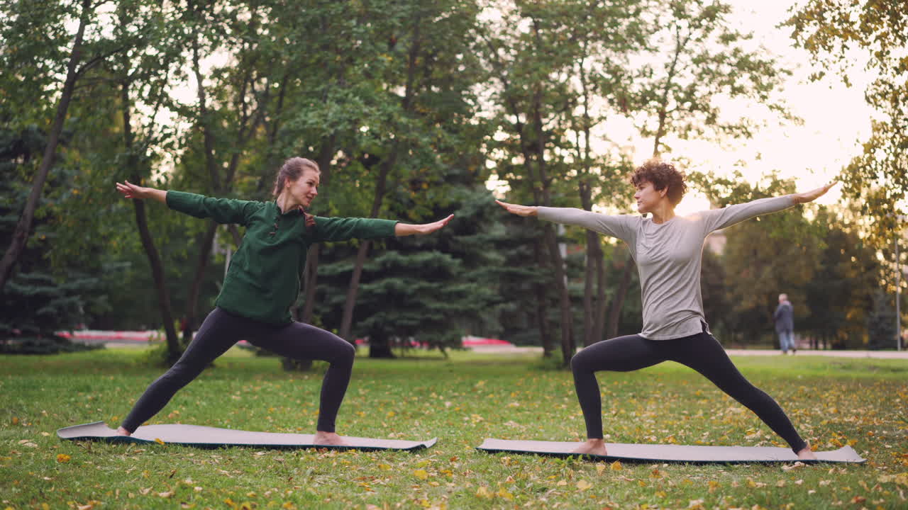 dos mujeres practicando yoga en un parque