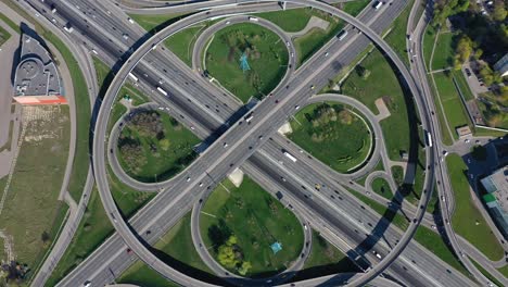 aerial view of a freeway intersection traffic trails in moscow.