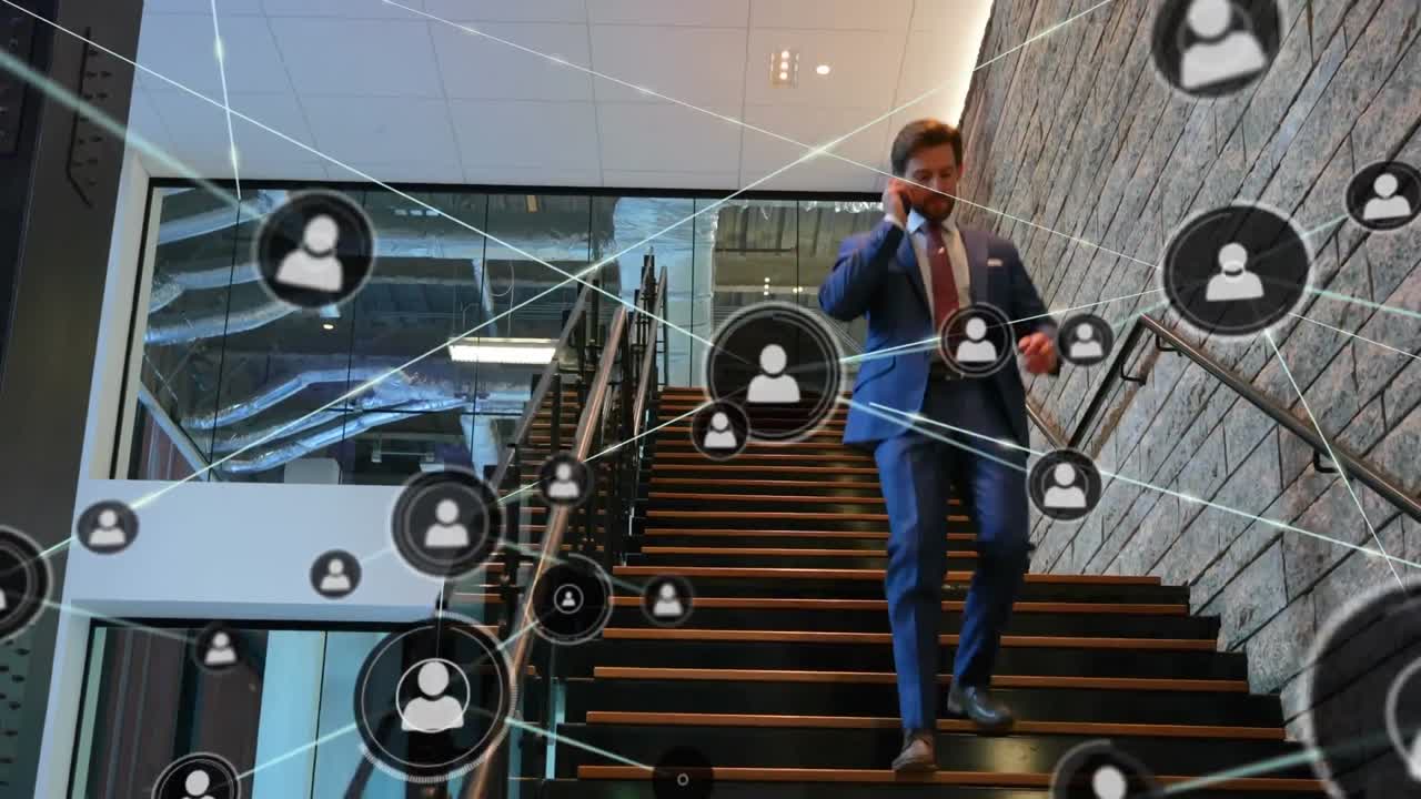 Network of profile icons against caucasian businessman climbing down the stairs at office