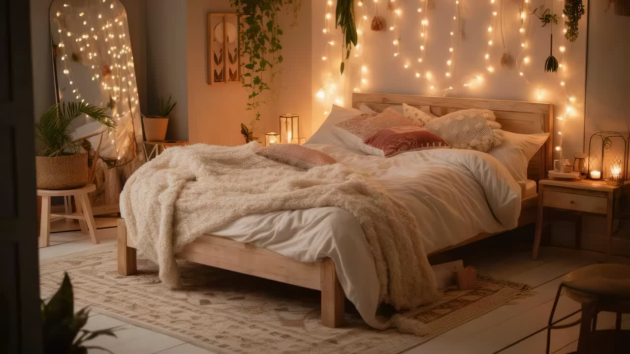 Cozy Bedroom with String Lights and Plants