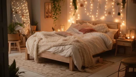 cozy bedroom with string lights and plants