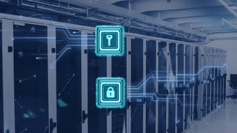 animation of digital data processing, padlock and key icons, circuit board and computer servers