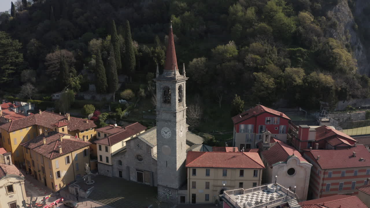 Drone View of a Church in Varenna, on Lake Como, in Italy