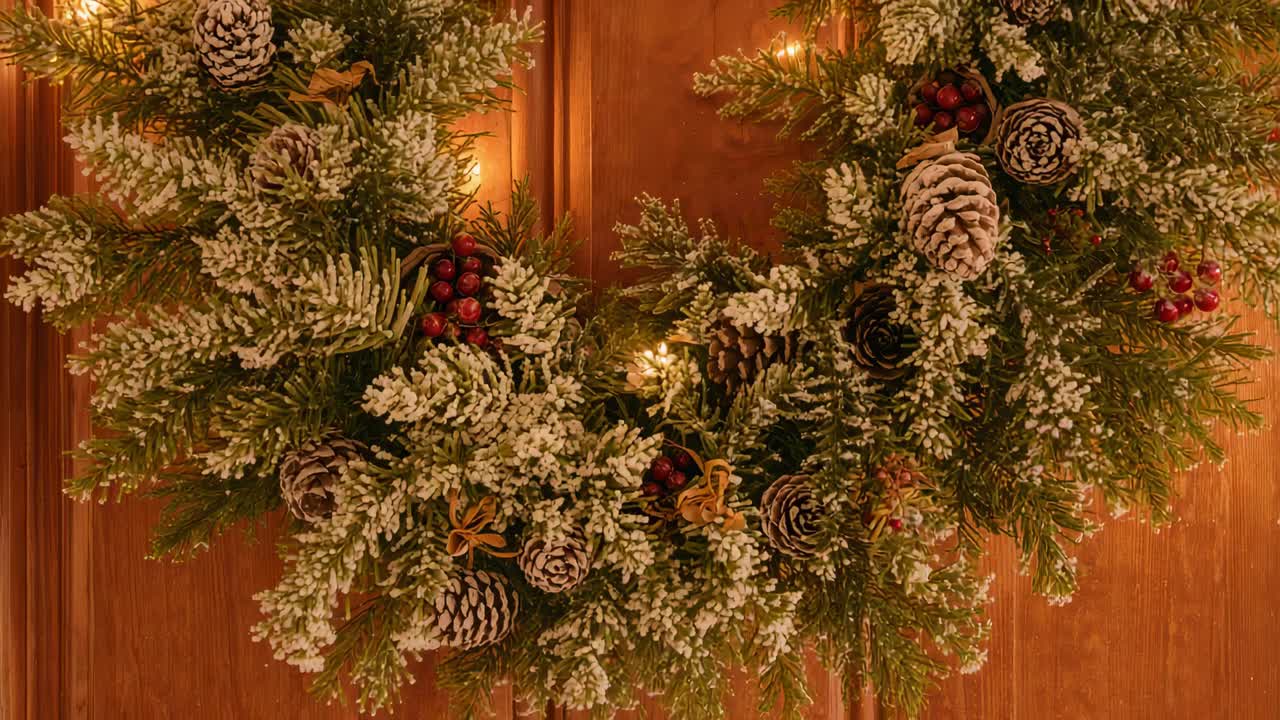 Skiftende fokuslinse blødgør julekrans på trædør, lys blomstrer ud i varmt bokeh-skær