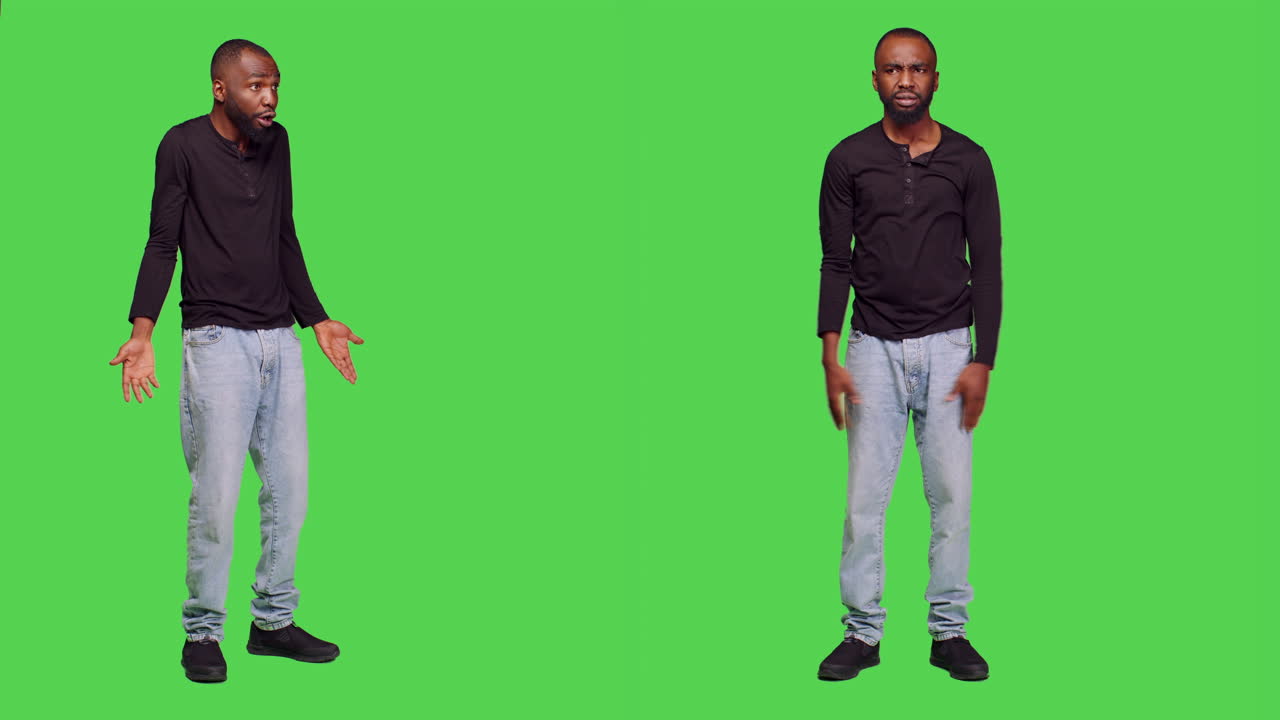 녹색 화면 앞에 혼란스러운 남자