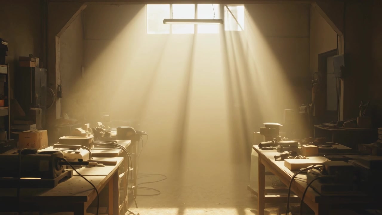 Shifting sunlight streaming through high window across workshop two benches, revealing tools, dust