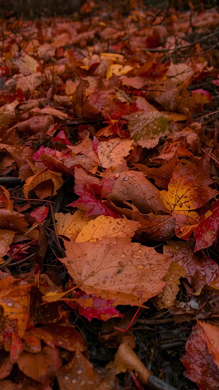 Vertical video: Panning low camera revealing wet maple leaves after drizzle with twigs, droplets