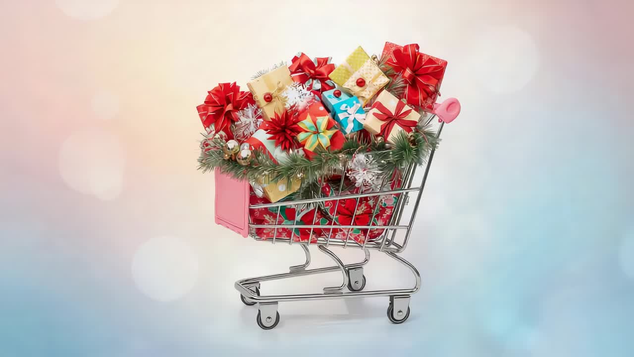 Rotating shopping cart showing gifts, pine garland, ornaments in gradient backdrop with snowflakes