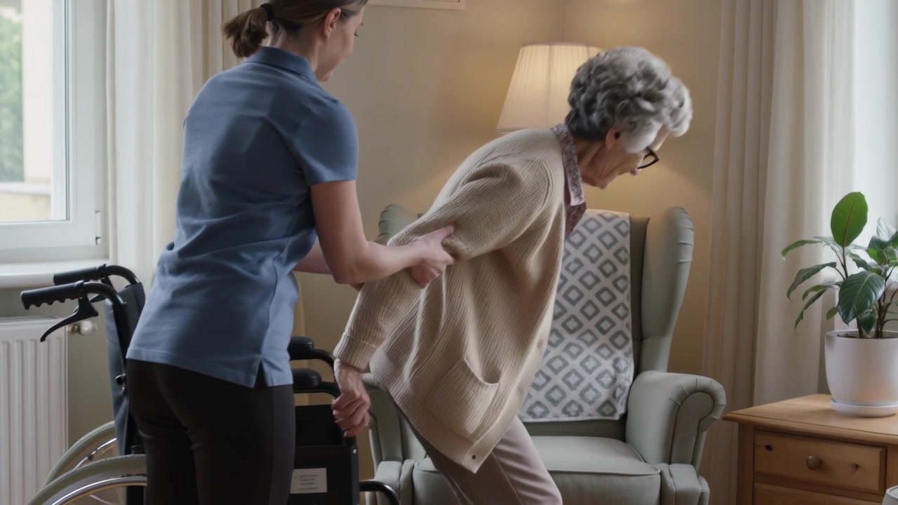 Posizionamento della sedia a rotelle, assistente in uniforme che sostiene l'anziano per il trasferimento a casa, con poltrona.