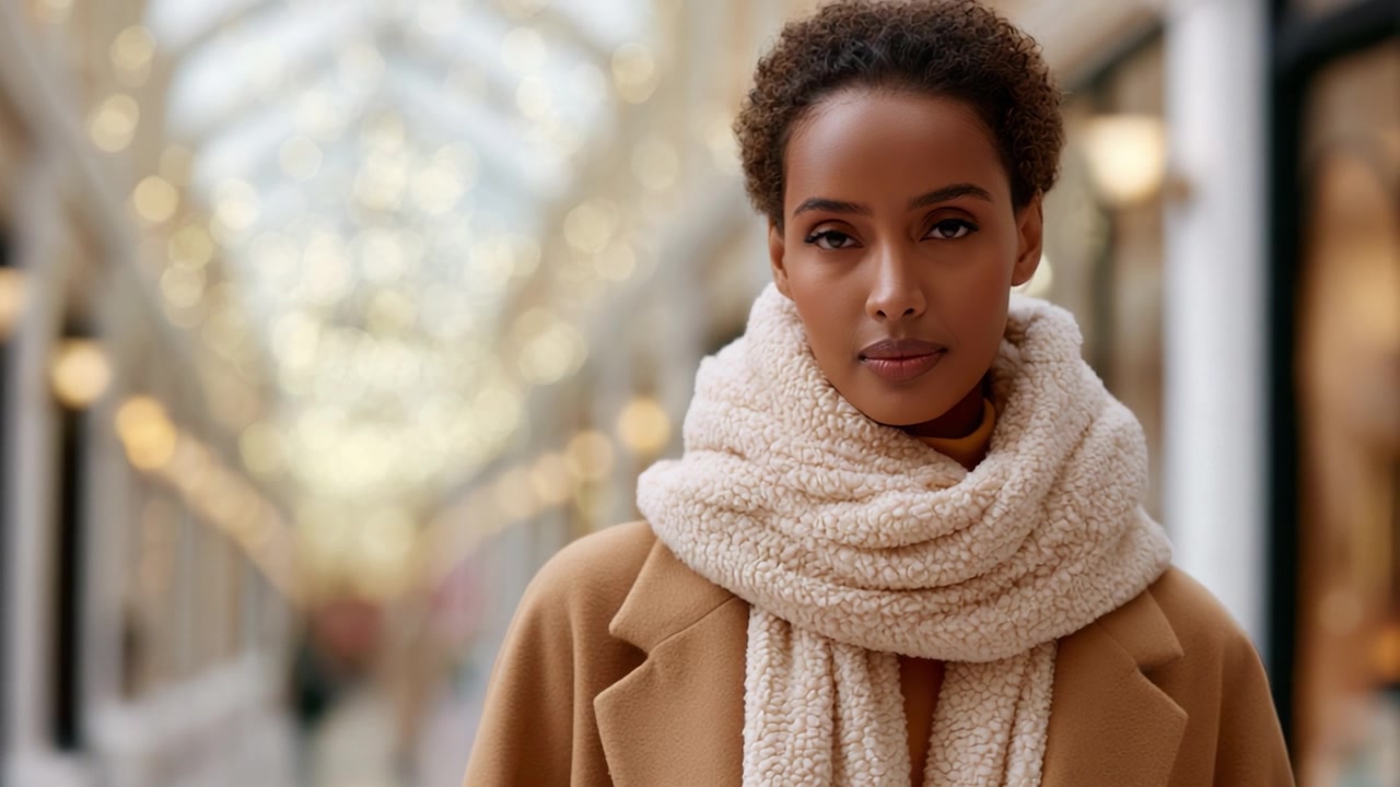 Una giovane donna elegante con una sciarpa accogliente e un cappotto elegante in posa in uno spazio interno splendidamente illuminato con luci decorative sullo sfondo