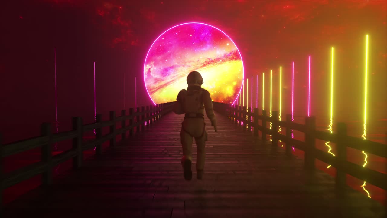 astronauta corriendo a través de un portal de galaxia de neón
