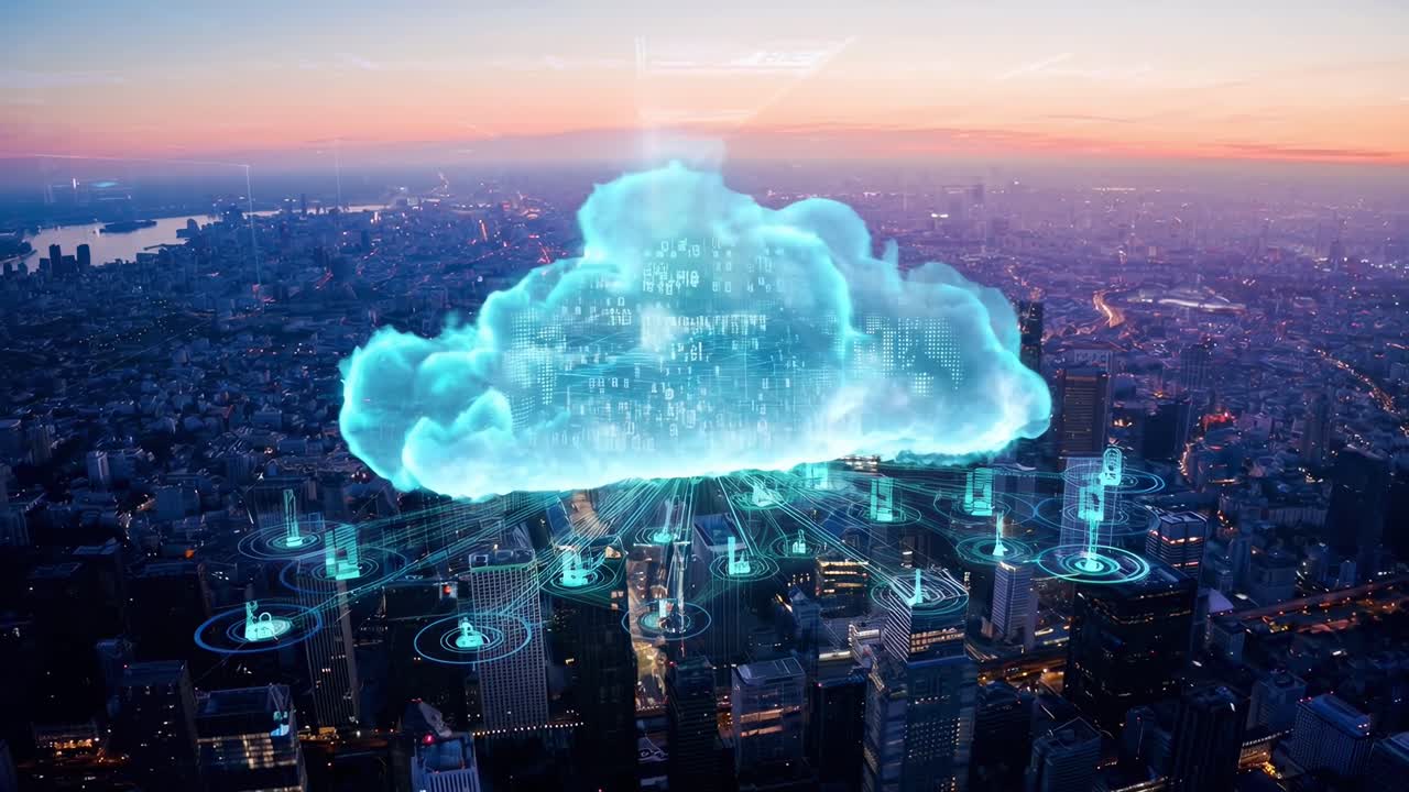Aerial cityscape with digital cloud overlay, showcasing a futuristic tech video concept
