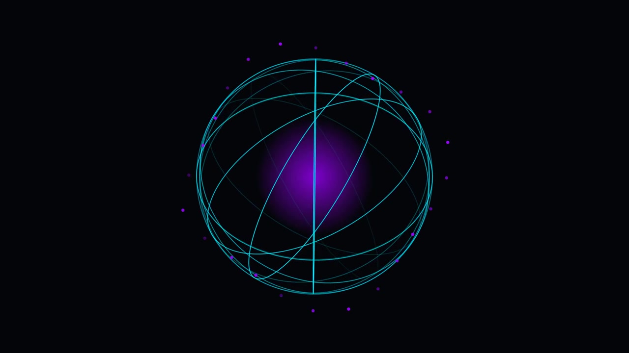 Sfera rotante astratta con nucleo viola luminoso e anelli orbitali ciano