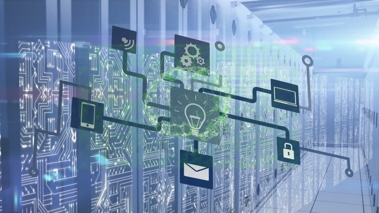 Animation of data processing and globe with icons over server room