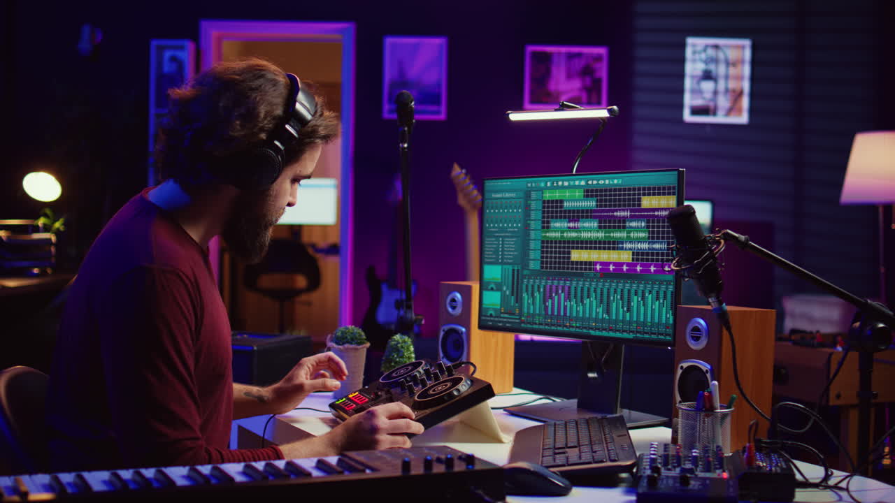 ingeniero de audio que crea efectos de sonido para una nueva banda sonora