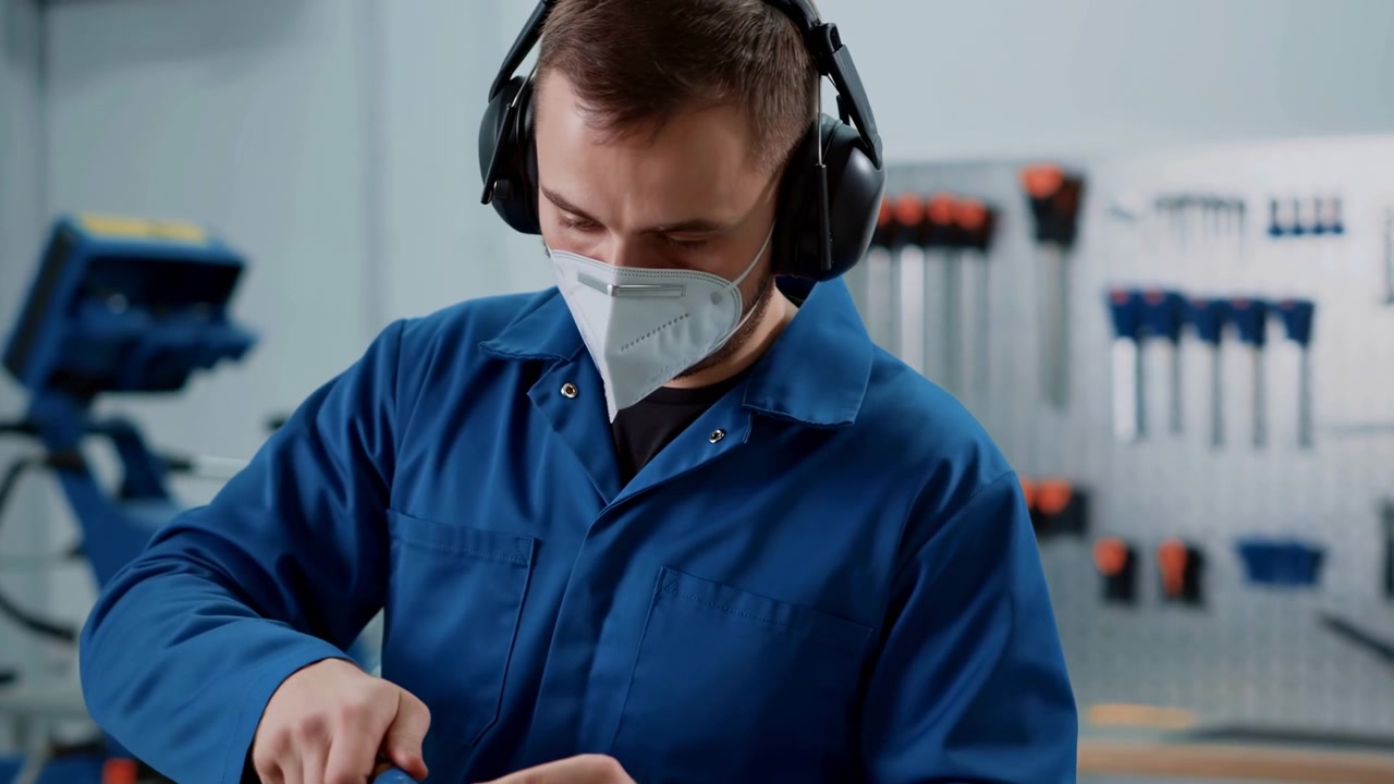 Tecnico caucasico in tuta blu che assembla e ispeziona un componente di precisione in un'officina organizzata