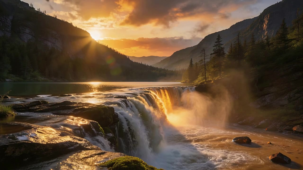 Sole che tramonta inviando un bagliore dell'obiettivo, cascata che si riversa su un'ampia sporgenza rocciosa in una valle alpina