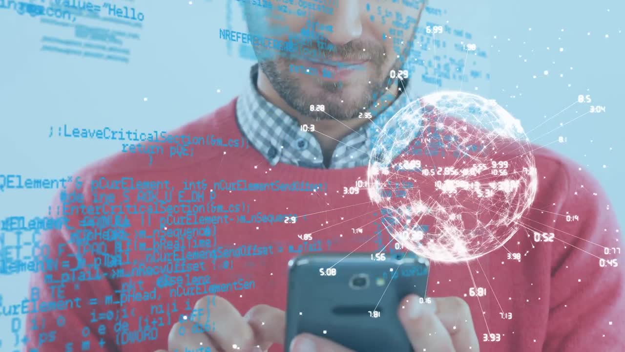 animación de procesamiento de datos y globo sobre empresario caucásico usando teléfono inteligente