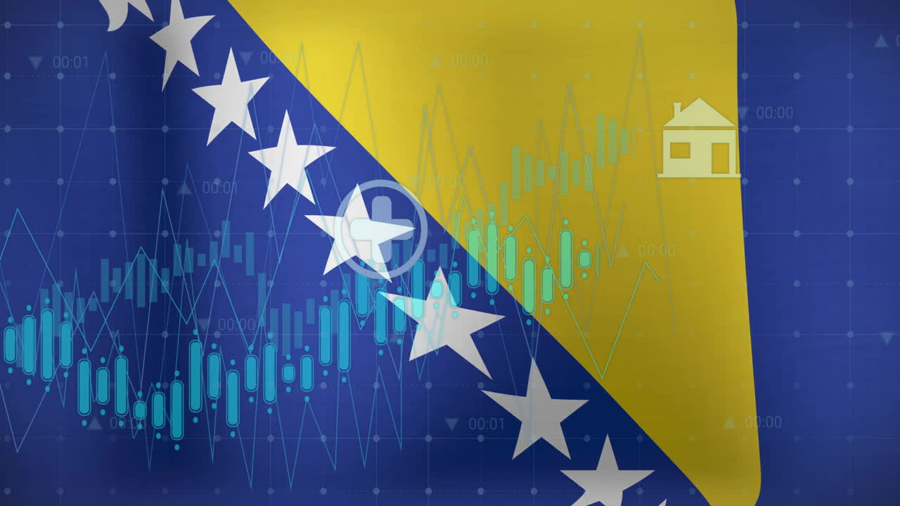 animación de gráficos, datos e iconos de energía sobre la bandera de bosnia y herzegovina