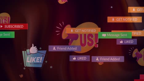 animación de mensajes de notificación de redes sociales en línea que se mueven a través del escritorio de la computadora