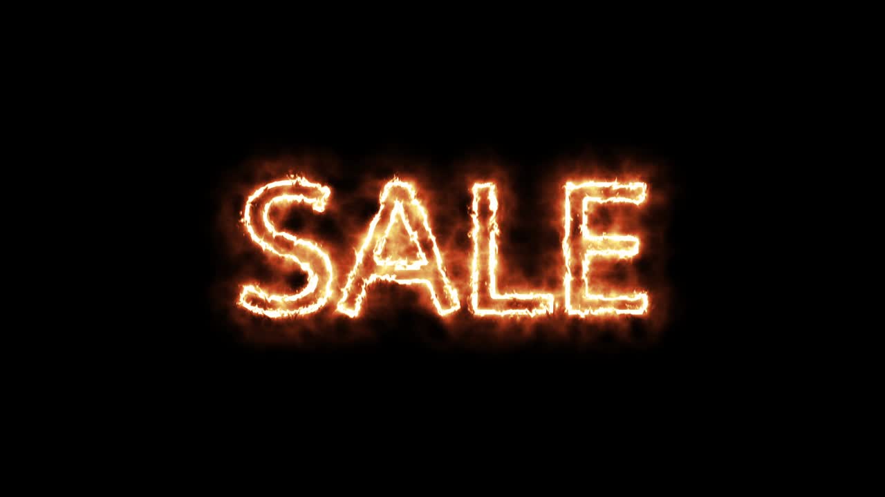 venta animación fuego promoción de descuento. venta escrita con fuego en fondo negro. animación en bucle. video 4k. puede superponer animación en su fondo u otro video (en después de los efectos, debe aplicar el modo de mezcla de pantalla al video).