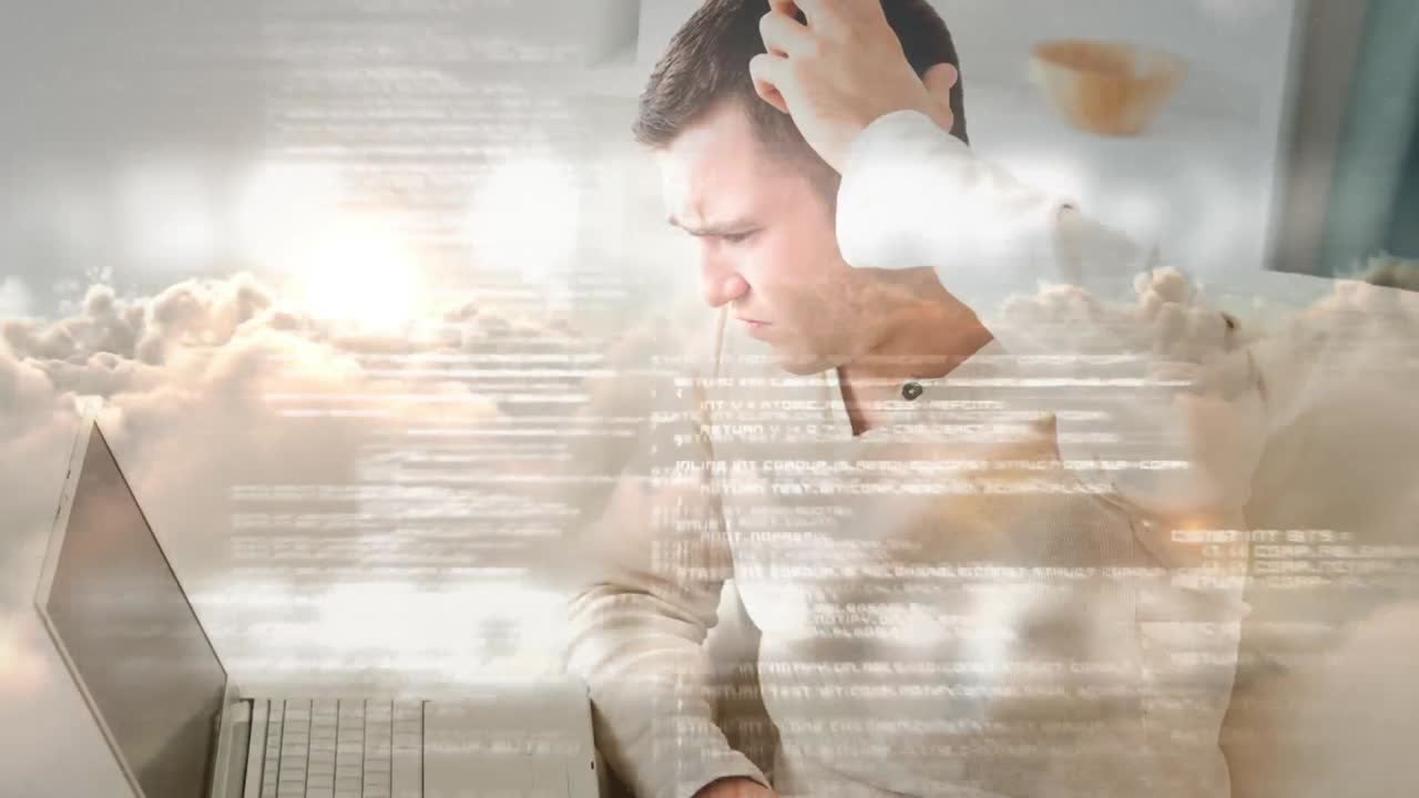 노트북 4k를 사용하여 머리카락에 손을  ⁇ 고 걱정하는 남자의 디지털 애니메이션