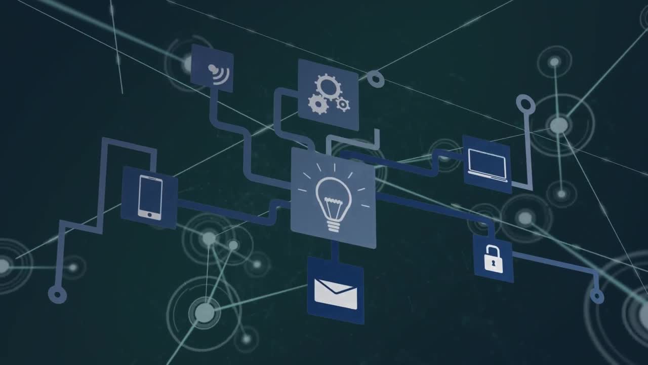 Animation of network of connections with icons on black background