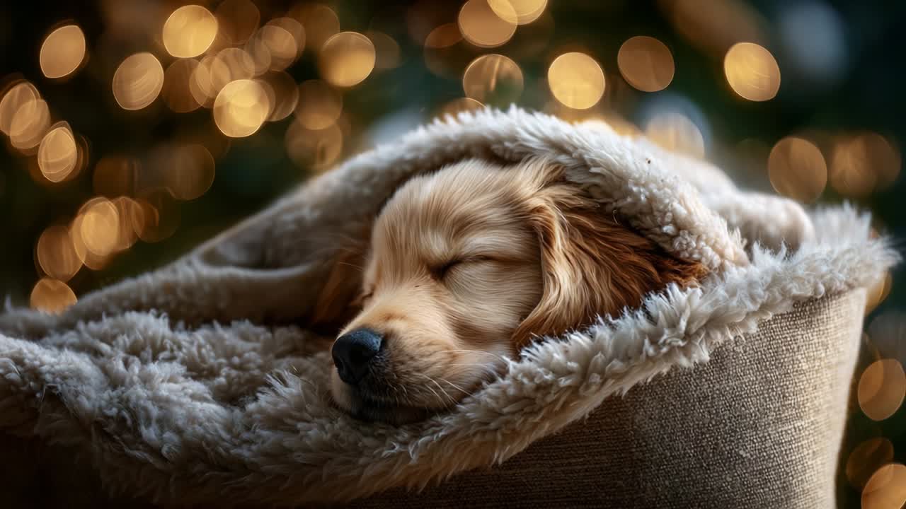 A Cozy Golden Retriever Puppy Nestled in a Warm Blanket, Peacefully Sleeping Amidst a Dreamy Bokeh Background Featuring Soft Glowing Lights, Capturing the Essence of Warmth and Comfort