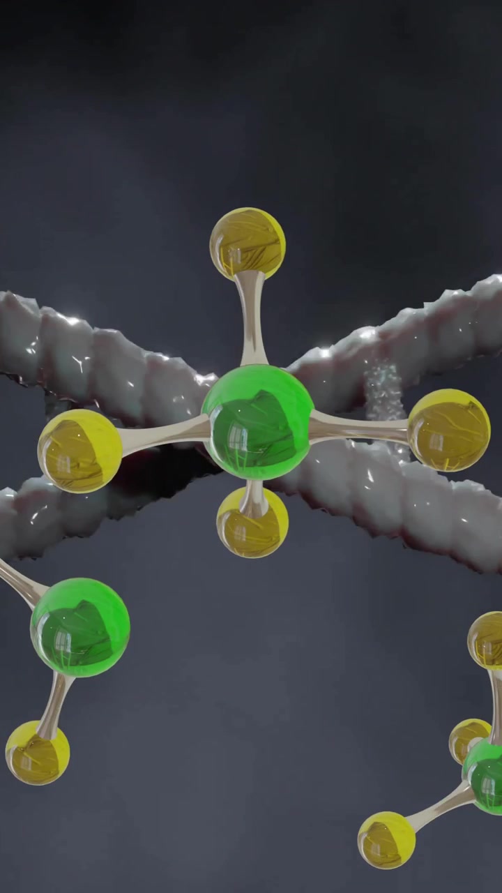 Animación de moléculas flotantes sobre una hebra de ADN