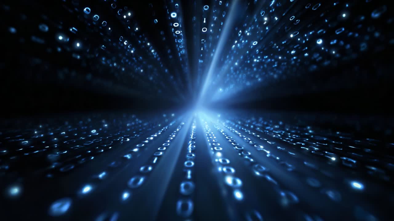 A mesmerizing visual representation of a digital landscape where glowing binary code streams forward into a luminous void, illustrating the essence of data flow and technological advancement in our digital age