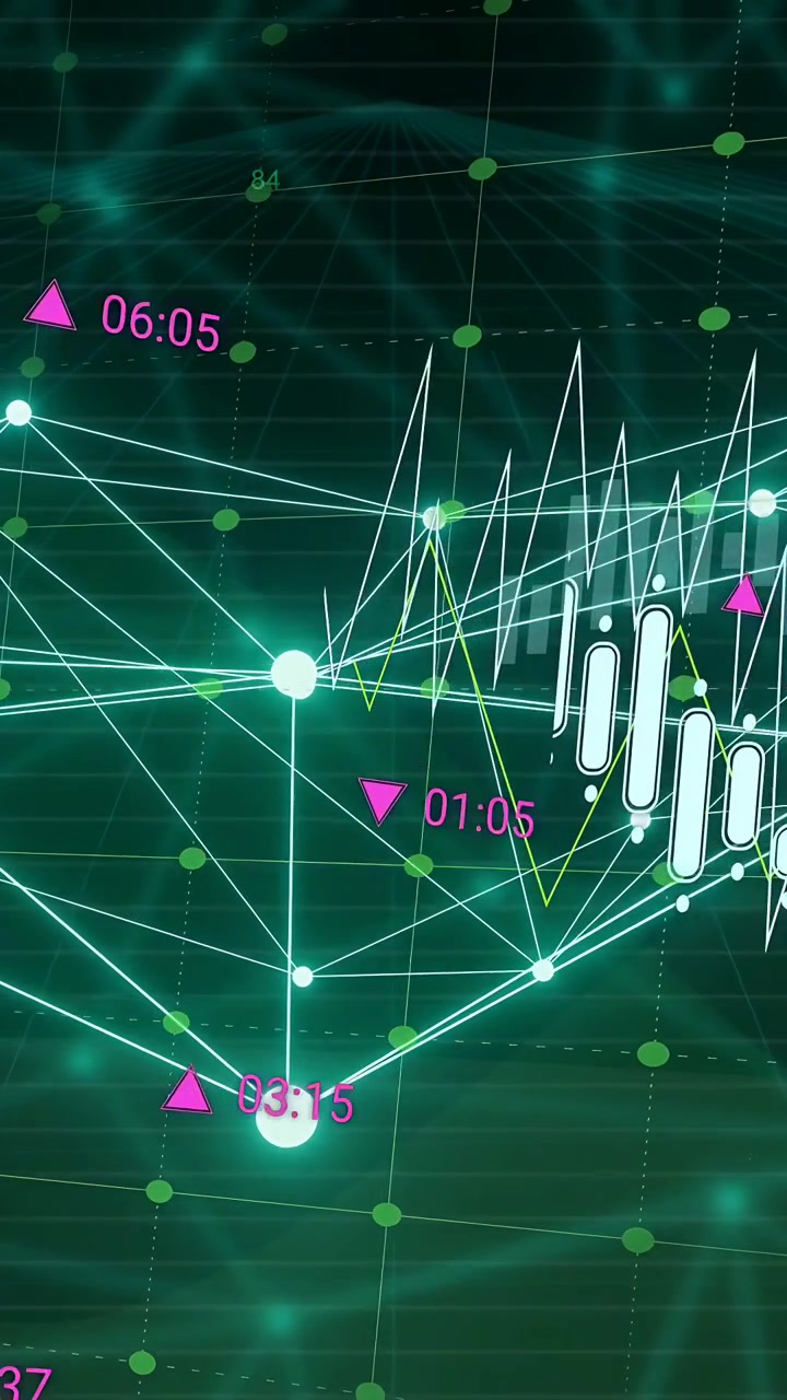 Vertikal video: Stor ljus nod växer och skickar ut linjer, visar prisdiagram och ett tätare nätverk.