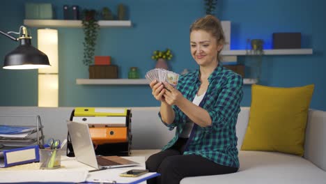 home office worker woman proud, money happiness.