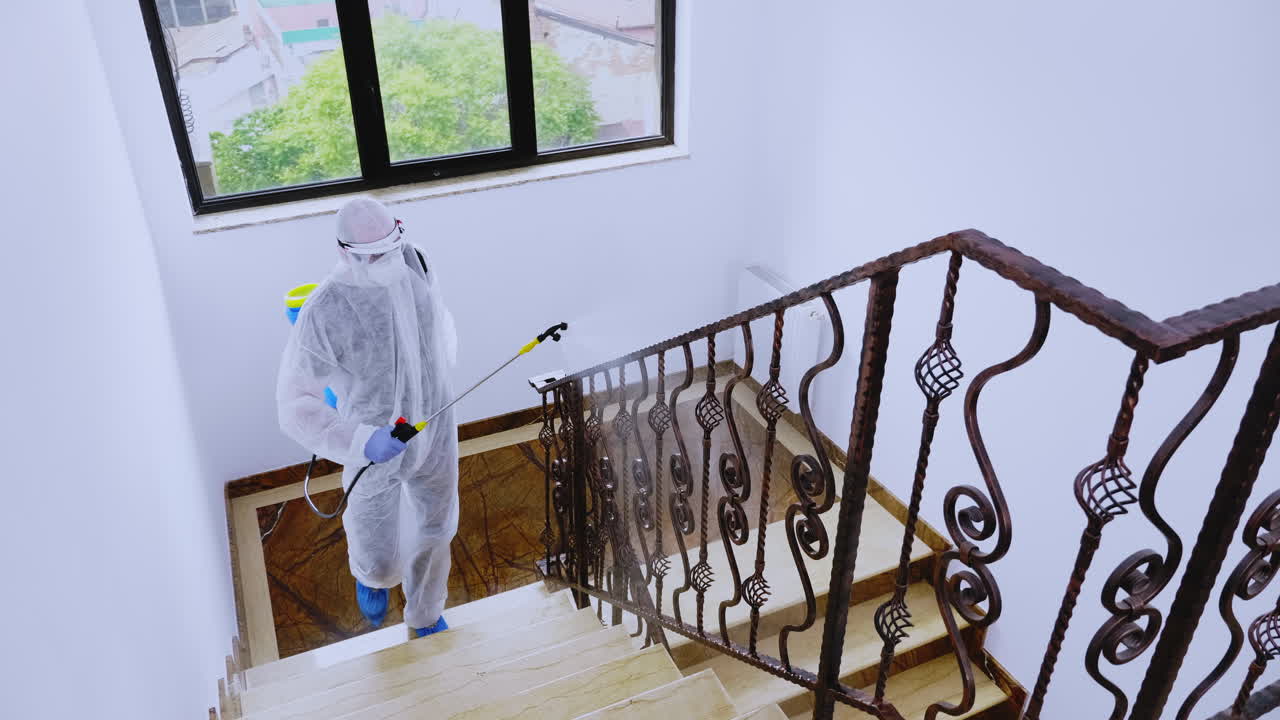 hombre en disfraz de peligro biológico pulveriza productos químicos