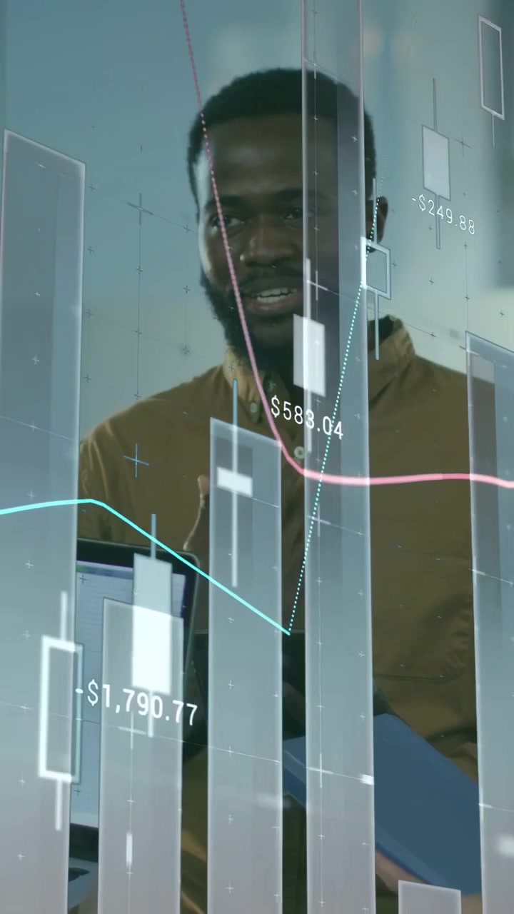 Vertical video: Man showing market trends while data updating animating finance charts around him