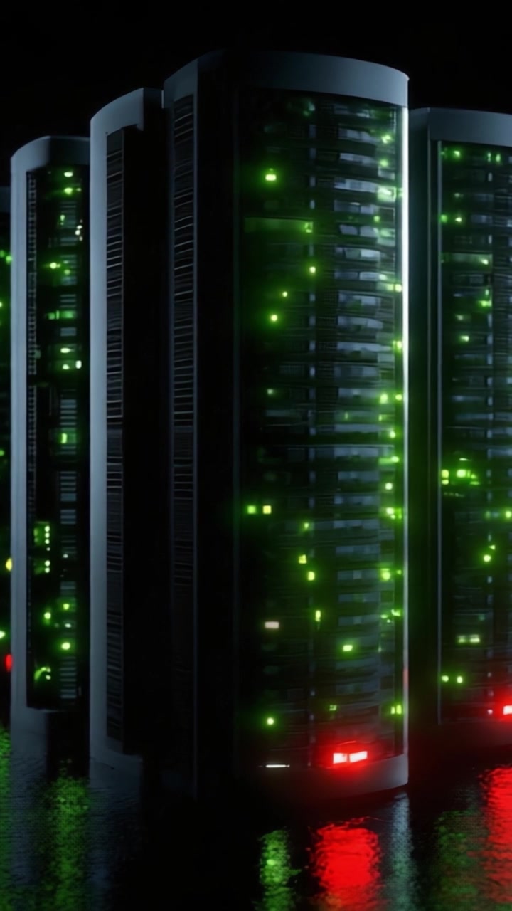 Advanced Data Center with Illuminated Server Racks Showcasing High-Tech Servers and Complex Networking Architecture in a Dark Environment