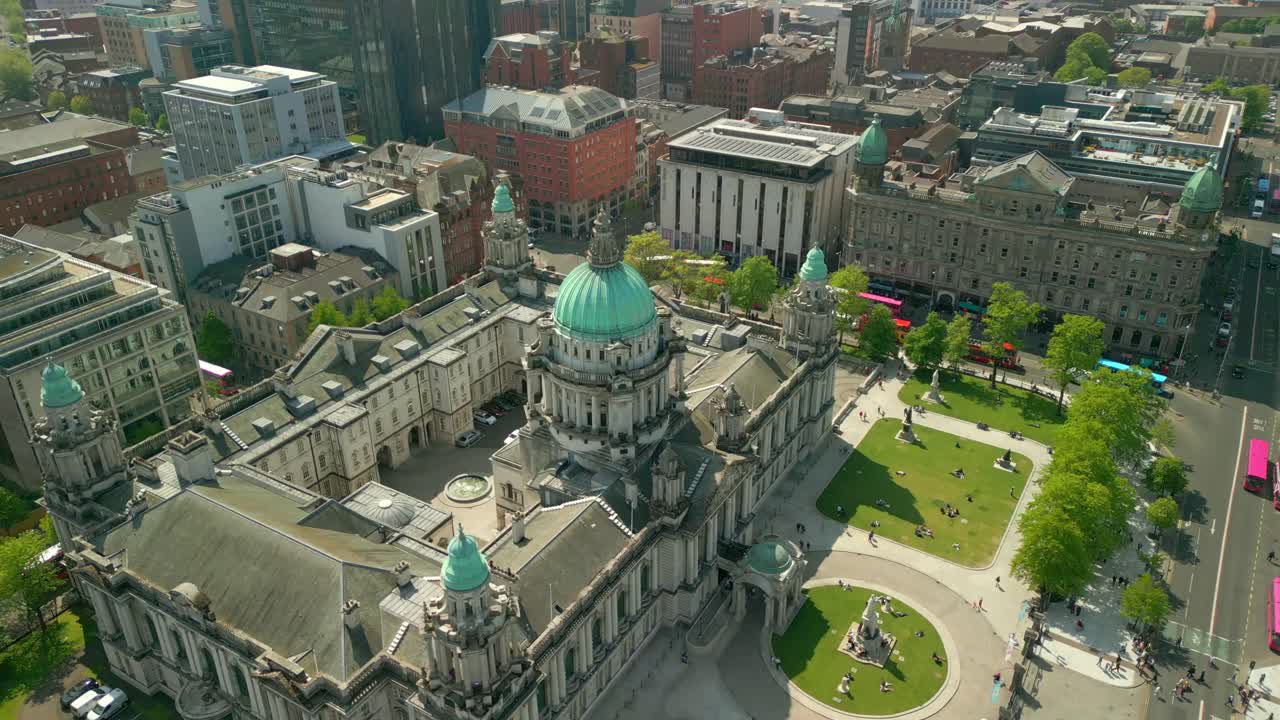 Advancing aerial video of Belfast City Hall in Belfast, Northern Ireland, UK on a bright and sunny day. Filmed in 4K, 60FPS and with Rec709 Color.