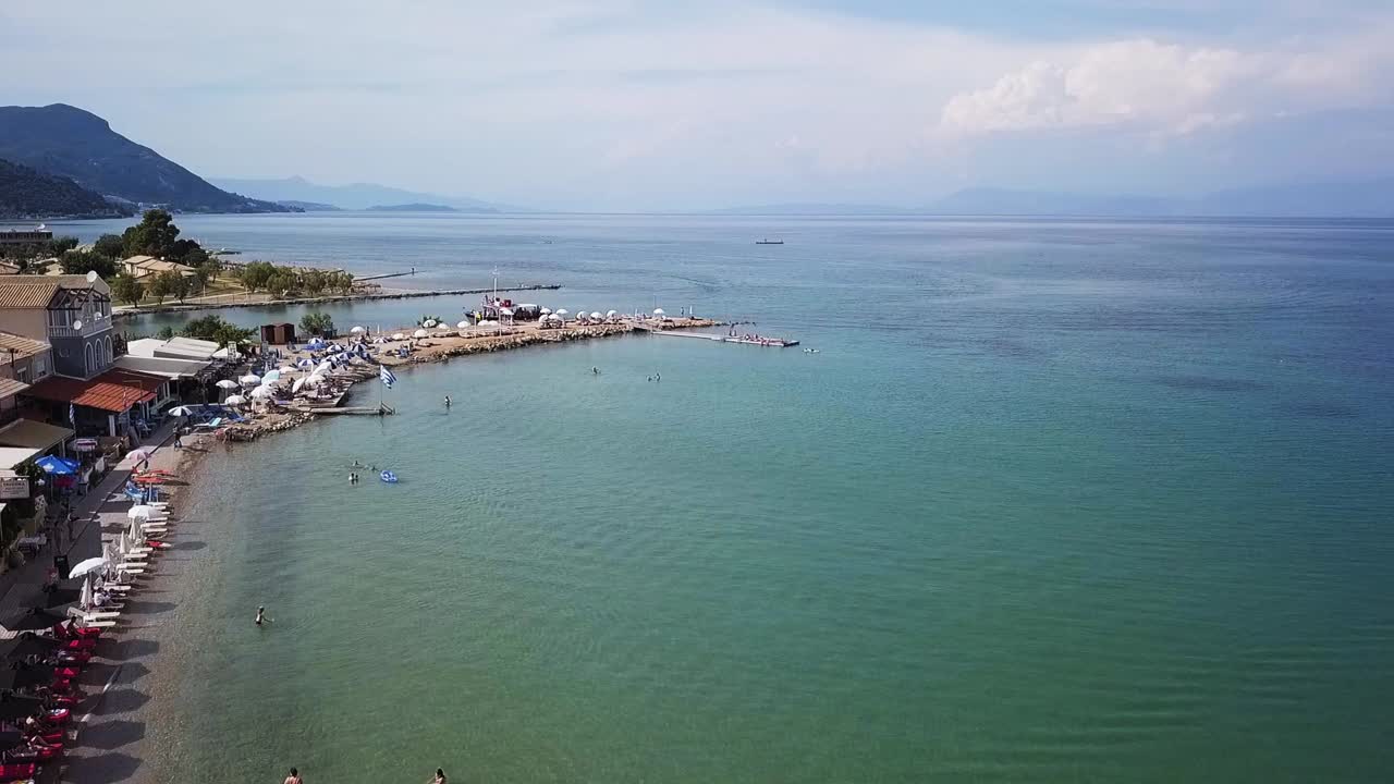 Greece, Corfu Island, drone footage of Messonghi Beach, Moraitika