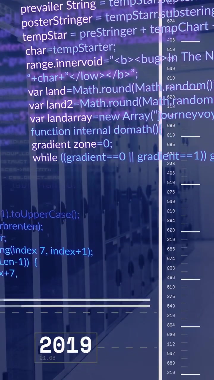 Vertical video: Blue code appearing, timeline scrolling up, year tags fading, showing history